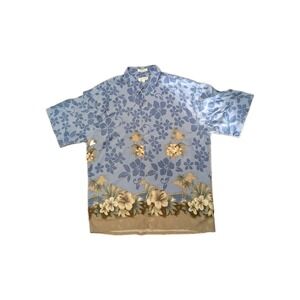 Vintage Pierre Cardin Hawaiian Shirt Men's XL Blue Floral Rayon Camp Aloha Made